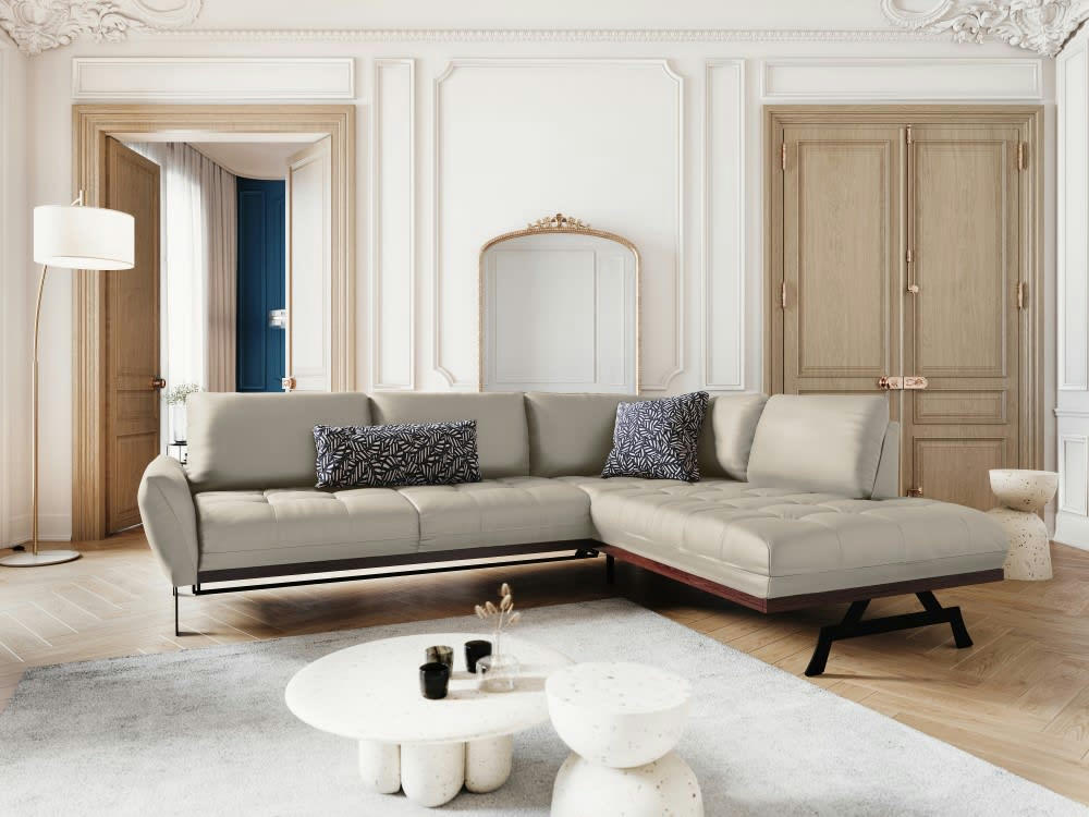 OLIVIER - Canapé d'angle 5 places en cuir gris clair