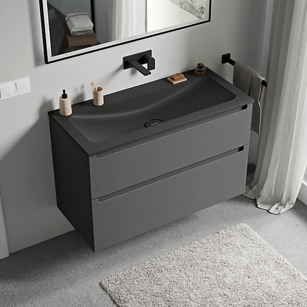 Meuble vasque suspendu MDF Anthracite mat, lavabo fonte Noir mat sans trou robinet, tiroirs pivotants - 80x46x62cm - VIREO