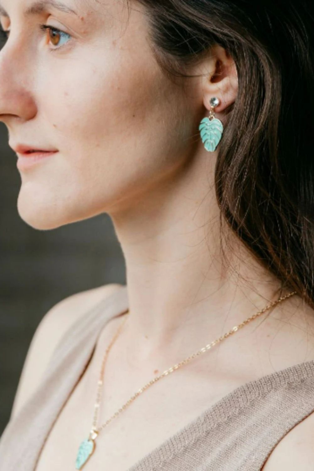 The Colourful Aura Green Feather Leaf Zircon Charm Drop Stud Earrings