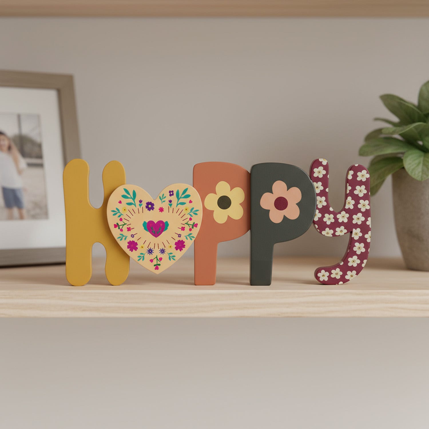Scritta decorativa Happy fiori 37x15,5x2,5 cm