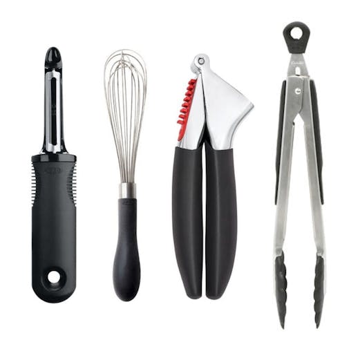 OXO Good Grips 4pc Kitche Essential Set 4 Piece | Peeler Wisk Tongs Garlic Press