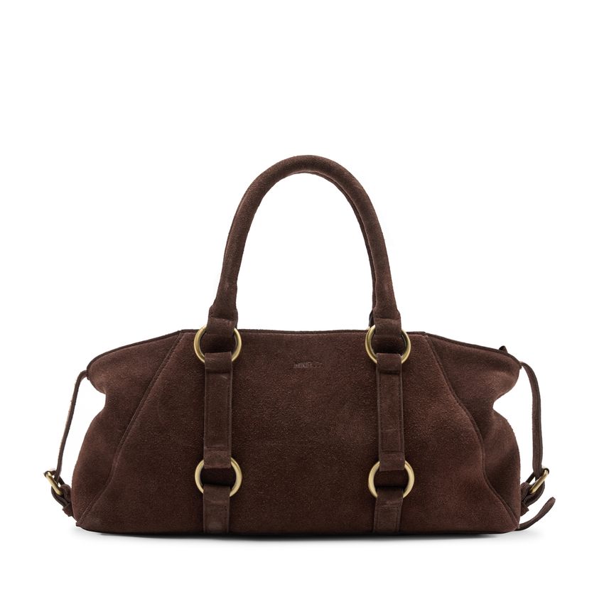 Manfield Donkerbruine suède handtas met gouden ringen