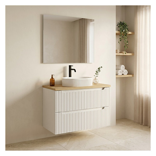 Ensemble de salle de bain VANO blanc 80cm : meuble sous vasque à tiroirs rainuré et plan pour vasque aspect chene clair