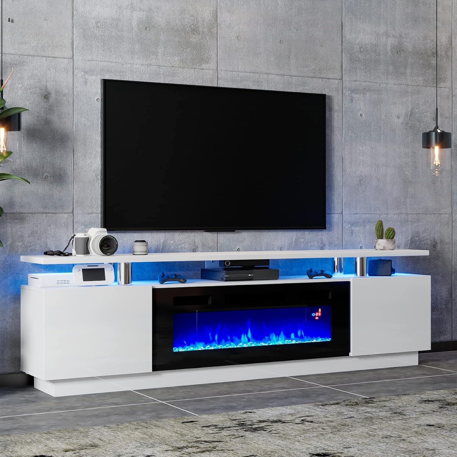 Modern Fireplace TV Stand with 36 Electric Fireplace,Finish Media Console with Open Storage, LED Lights Entertainment Center for TVs Up to 80, White