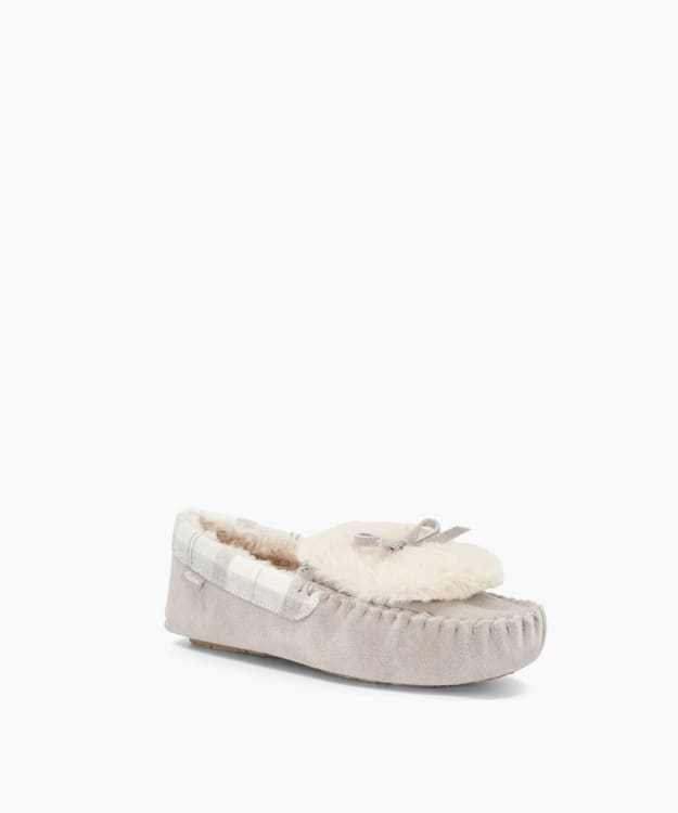 Darcie1 Grey - Tartan-Trim Suede Slippers