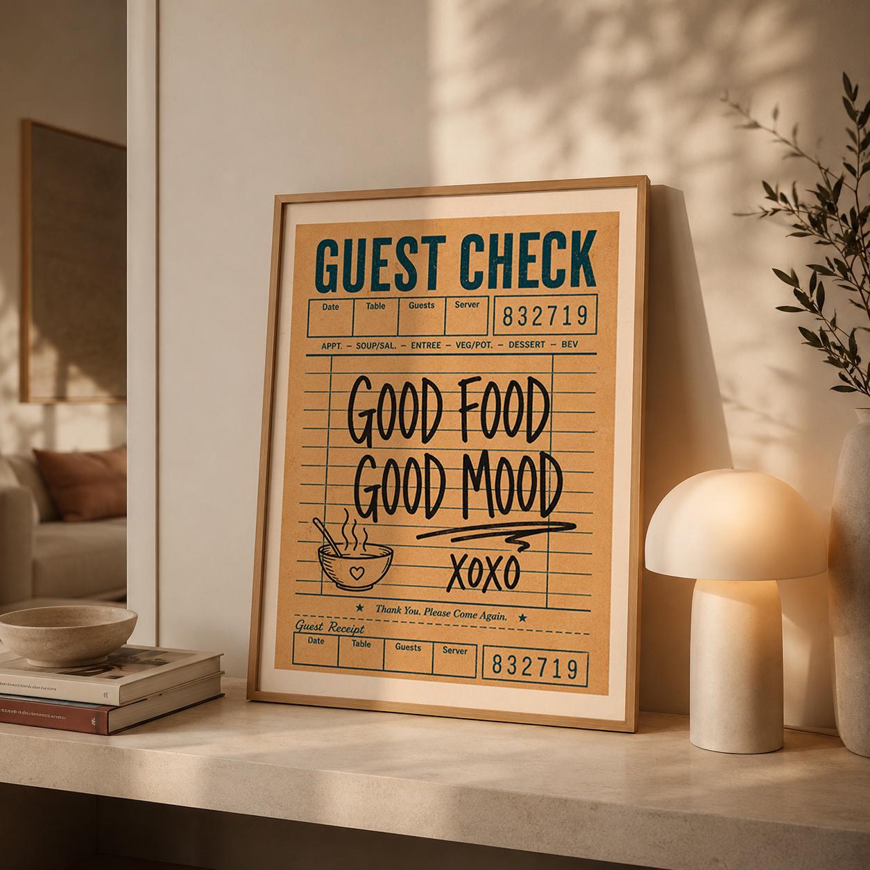Good Food Good Mood Poster, Guest Check Print, Retro Kitchen Wall Art, Foodie Decor, Dining Room Art (Digital Download)
