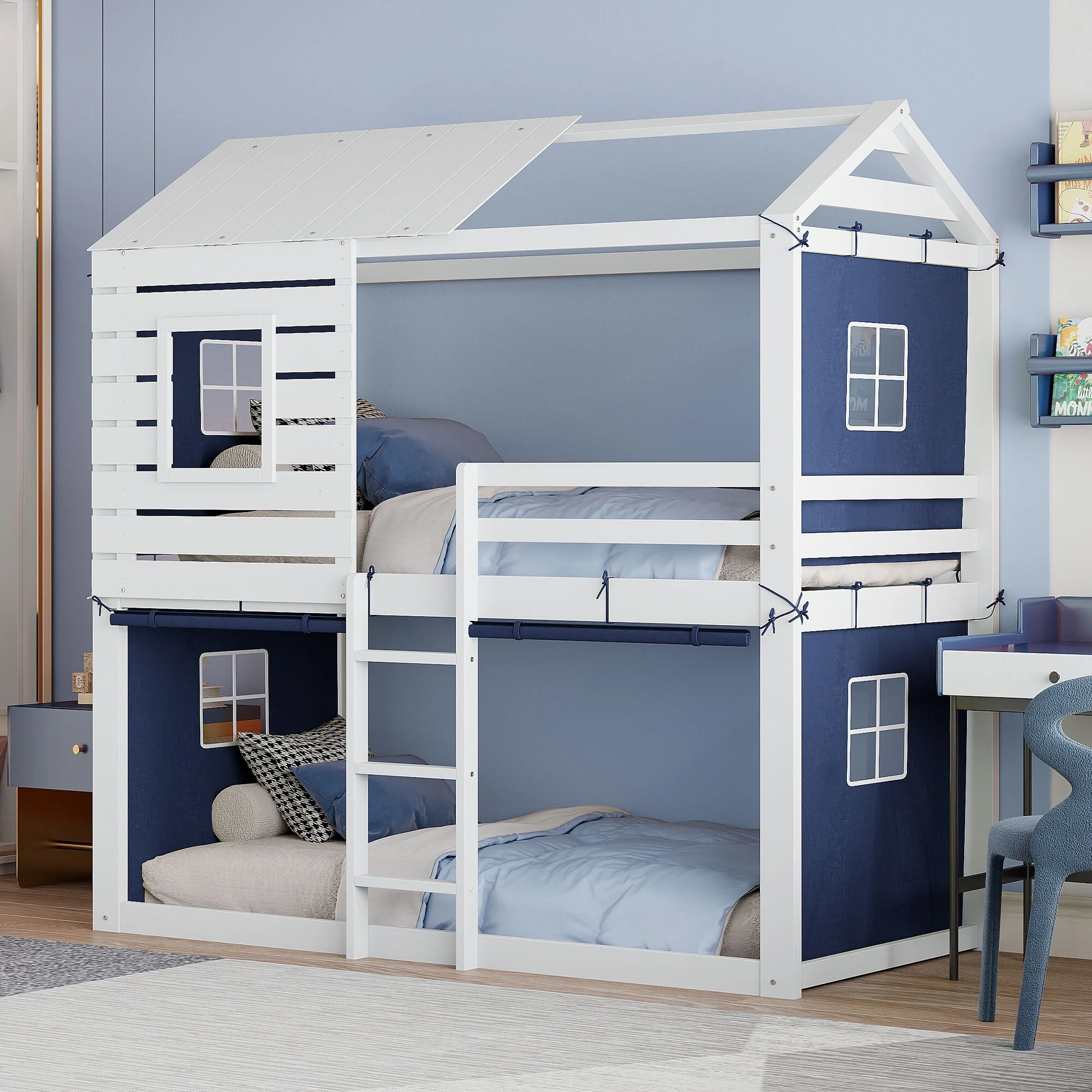 Twin Size Solid Wood House Bunk Bed with Tent, Ladder, and Fence