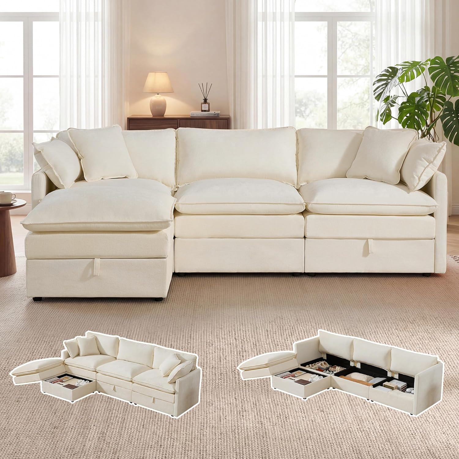 Modular Sofa with Storage, 103 L Shape Sectional Cloud Couch, Comfy Fabric Couch with Movable Ottoman, 4 Seat Modern Deep Seat Sofa for Living Room (Beige Chenille)