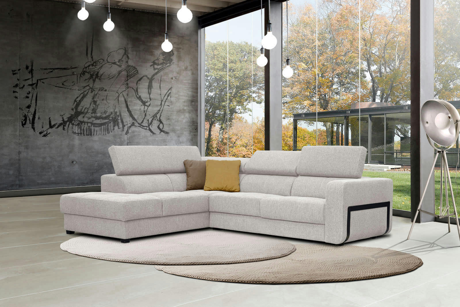 BERGO - Canapé d'angle gauche 5 places en tissu beige clair avec coussins déco