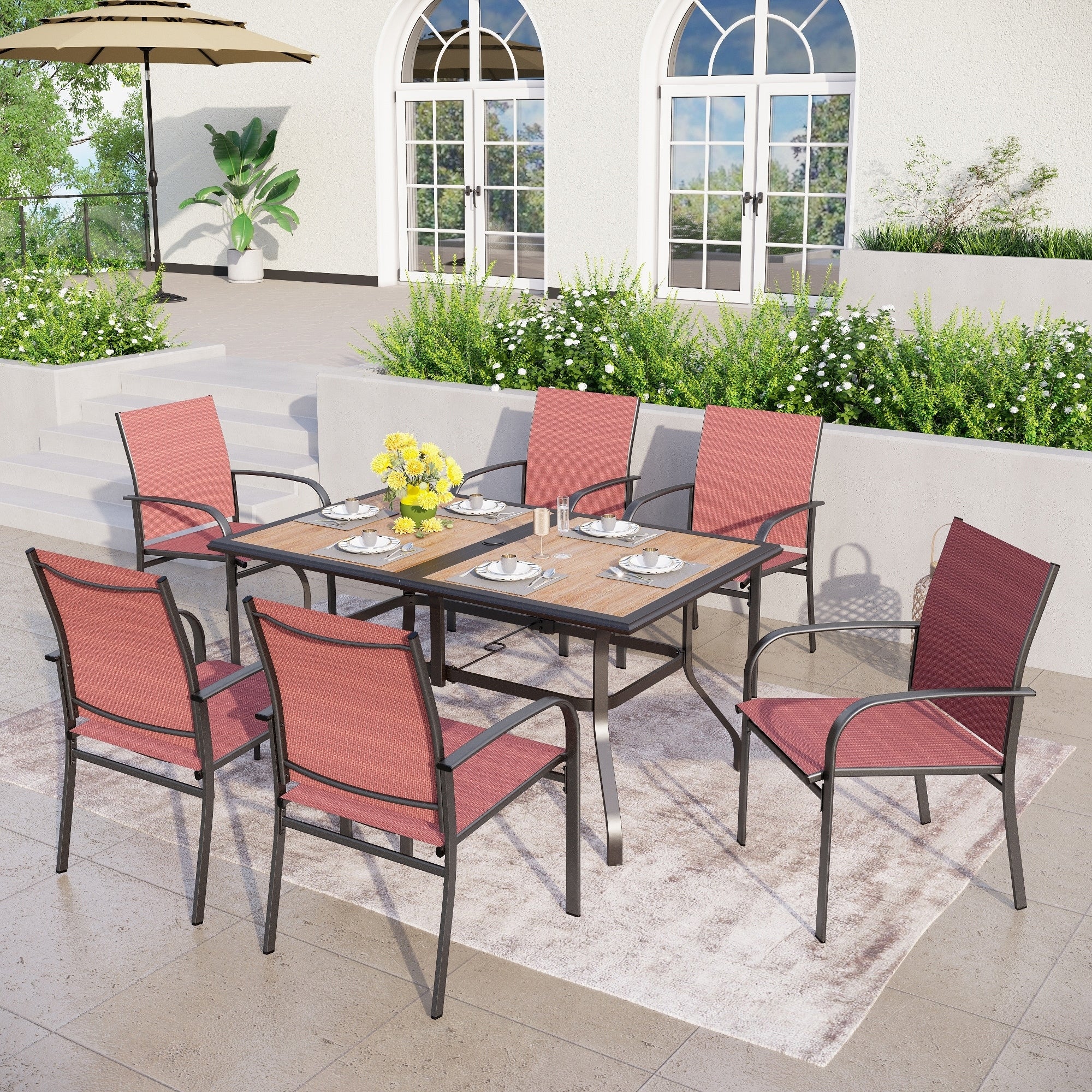 MAISON ARTS 7-Piece Patio Dining Set Wood-look Rectangle Table and 6 Textilene Chairs
