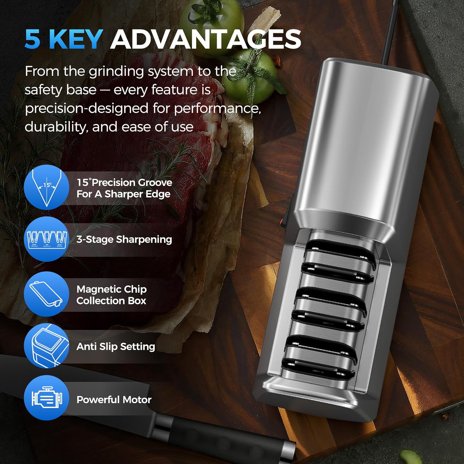 Knife Sharpener Electric for Kitchen - 3-Stage Kitchen Knife Sharpener - 15°Precision Angle Guide Knife Sharpeners - Stainless Steel Grinding Head-Portable and Useful-Fast Sharpening, Repair, Polish