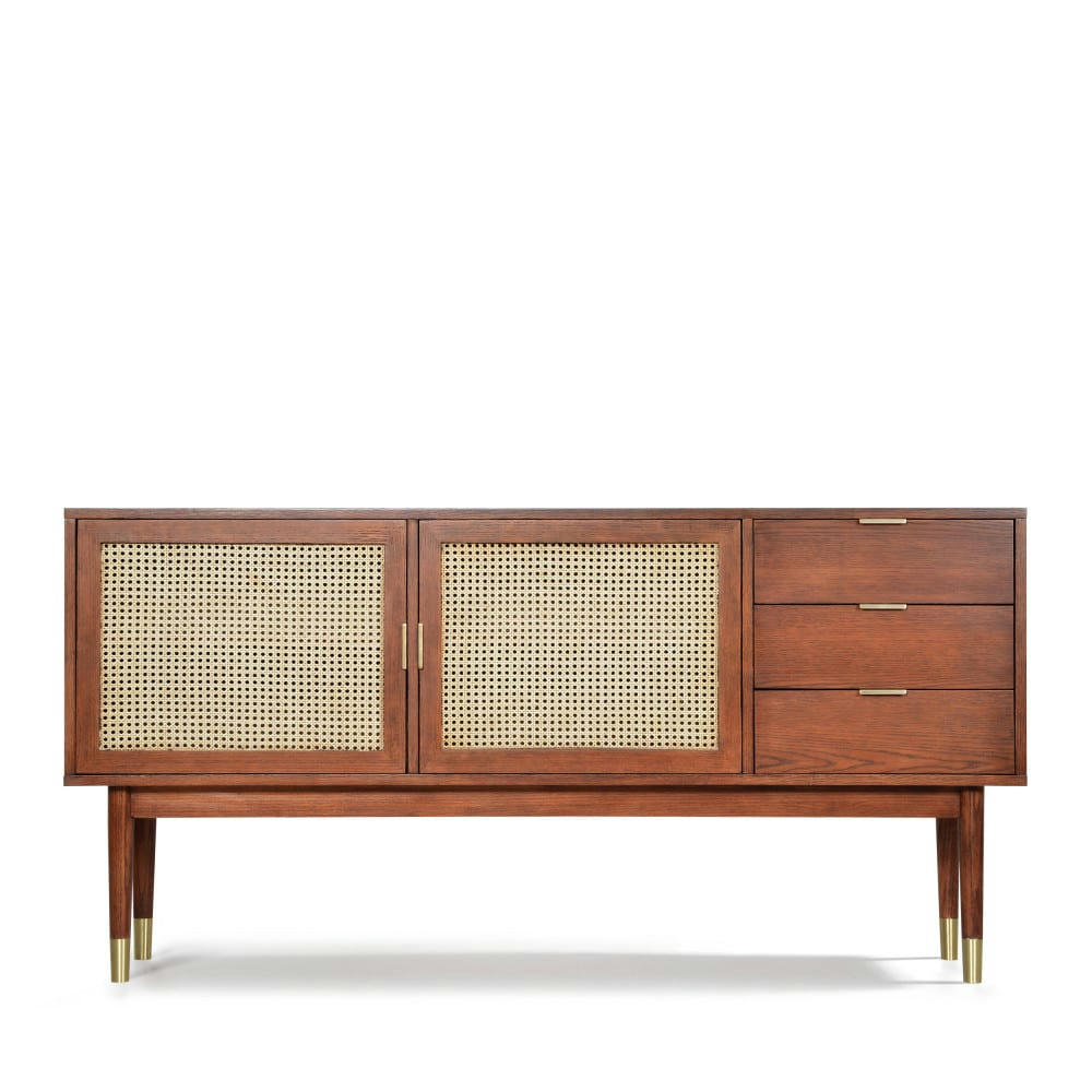 HOGARN - Buffet design 2 portes 3 tiroirs bois et cannage L170cm bois foncé