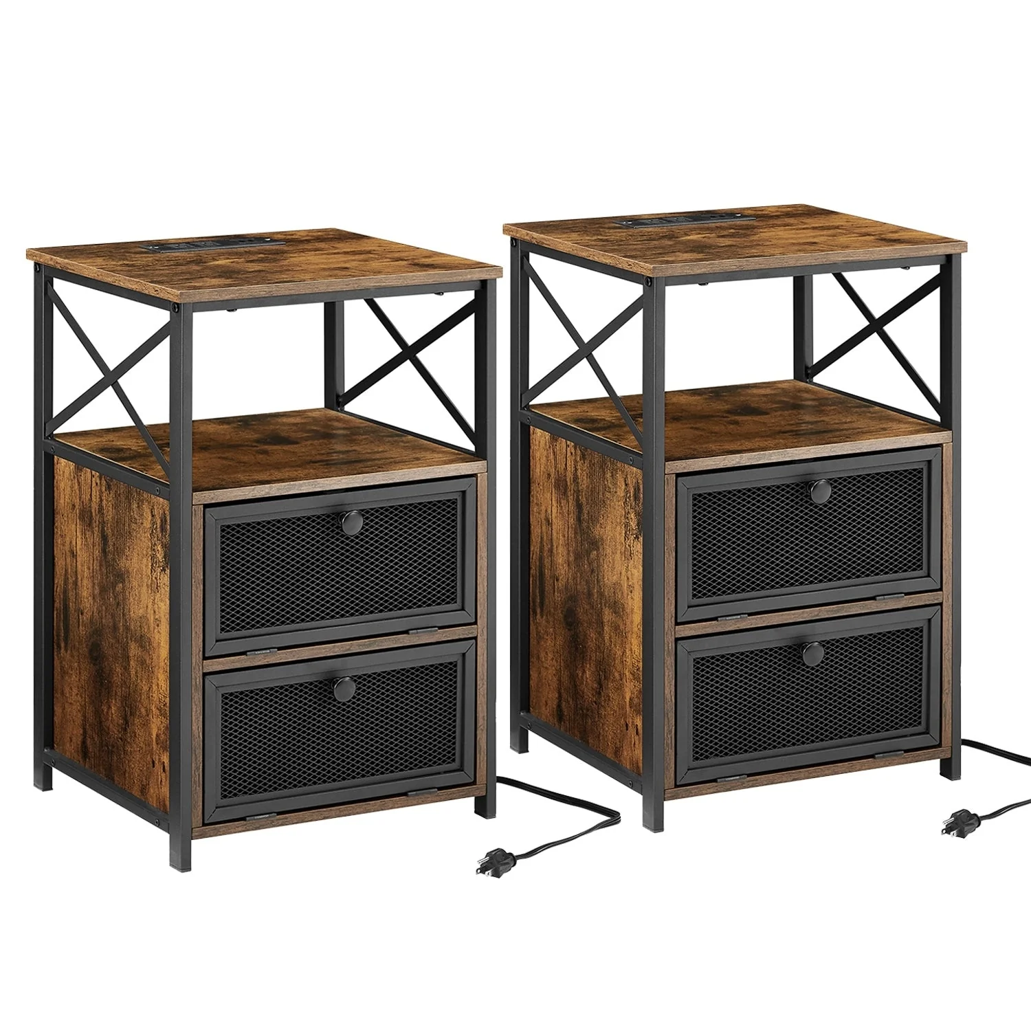 Set of 2 Nightstand End Table with Charging Station & 2 Flip Drawers, 2 USB Ports & 2 Power Outlet