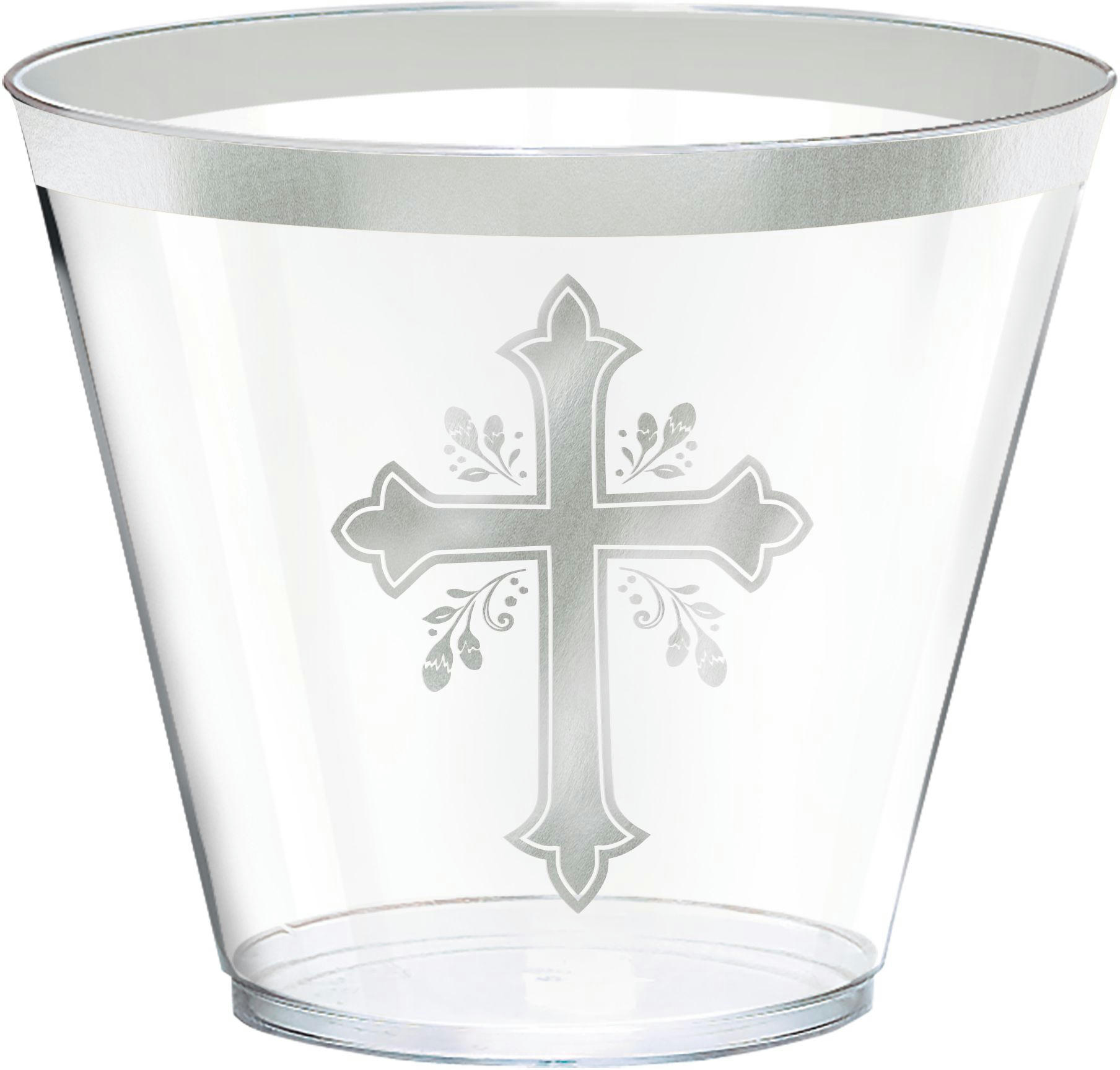 Holy Day Plastic Reusable Tumbler Cups, Silver, Cross, 9-oz, 30-pk, for First Communion/Religious Party