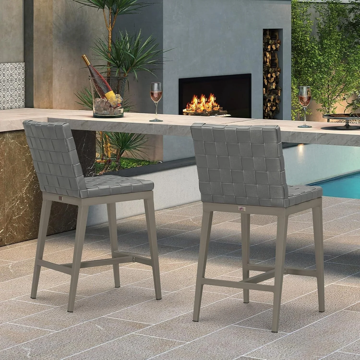 PURPLE LEAF Outdoor Counter Height Bar Stools Set of 2, PU Leather Patio Bar Set with Aluminum Frame - N/A