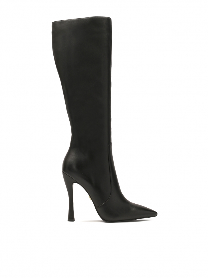 Black leather high-heeled boots