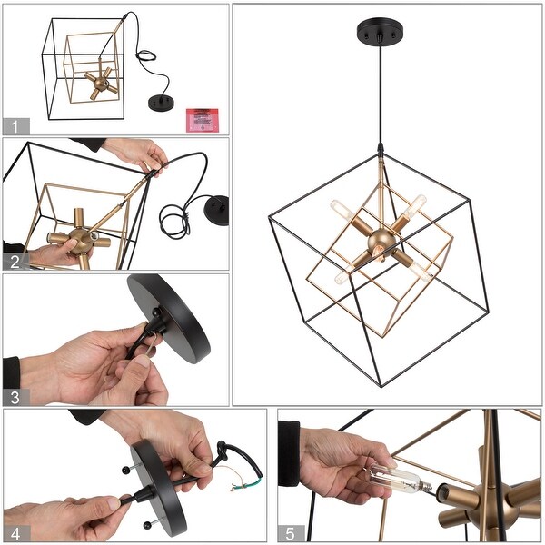 Modern 6-Light Black Gold Lantern Chandelier Geometric Island Lights for Dining Room - D21.6'' x H83.5''