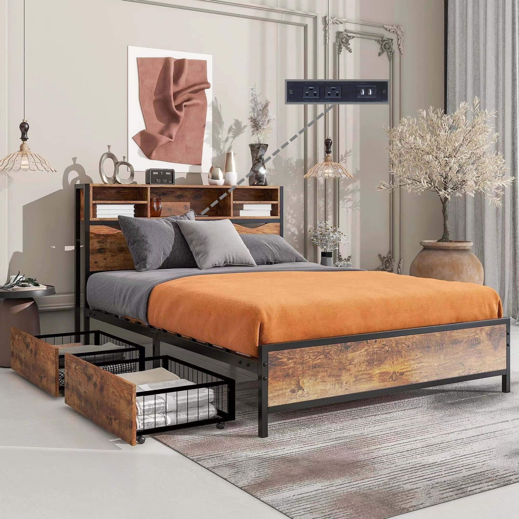 Full / Queen Size Rustic Storage Bed Frame with Bookcase Headboard with Power Outlets, 2 Under-Bed Storage Drawers Included🏕️