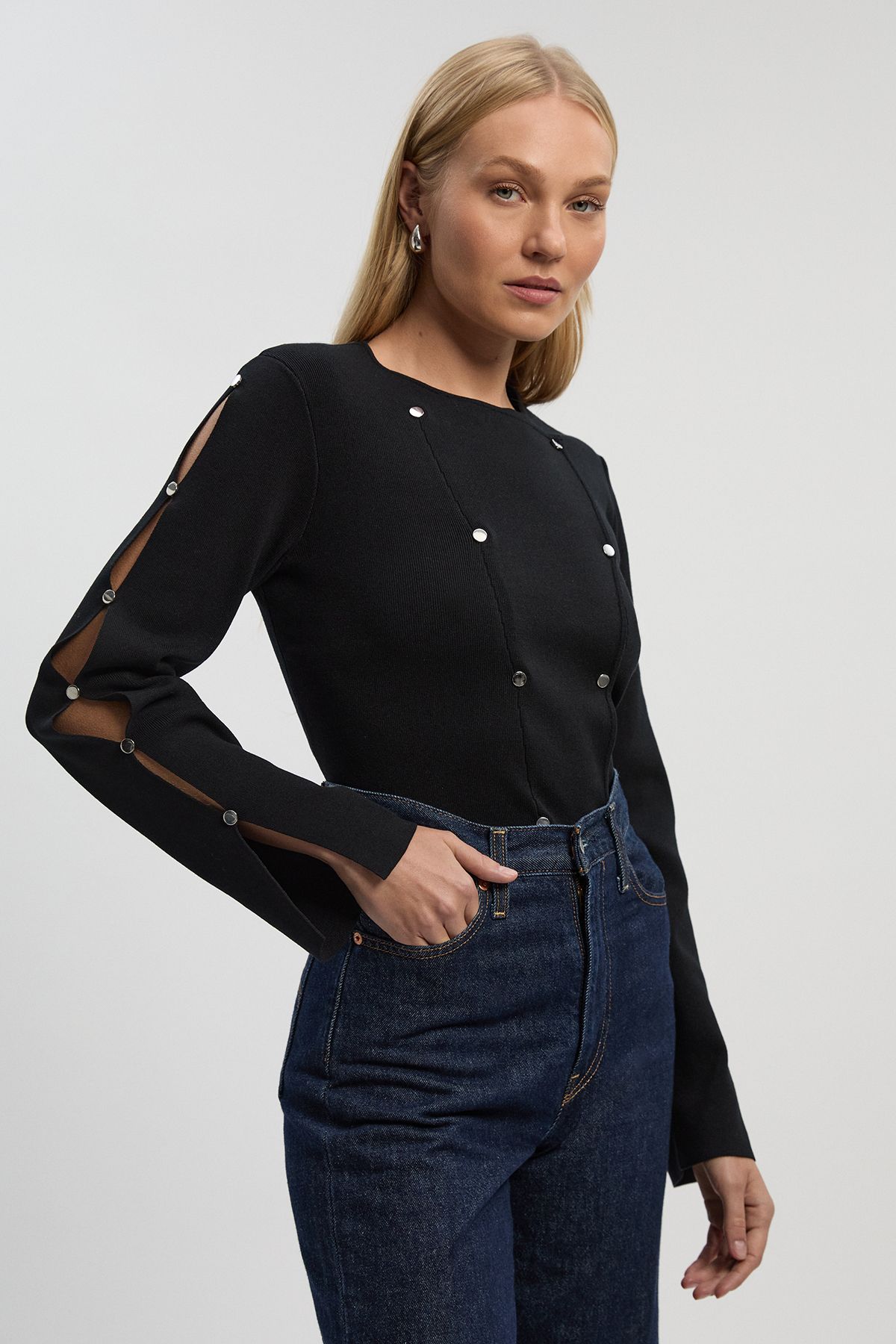 KarenMillen Viscose Blend Stud Detail Long Sleeve Knit Top