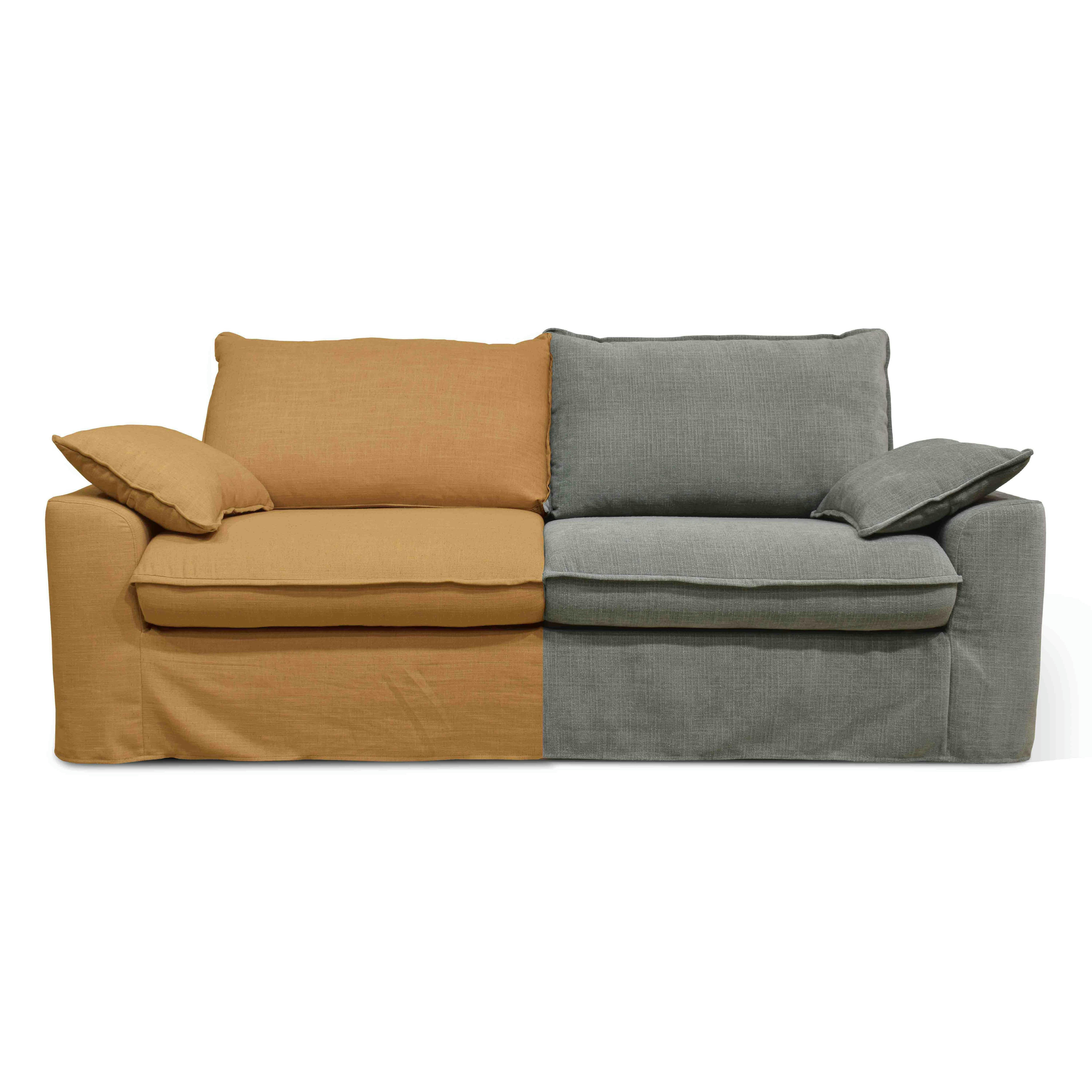 JAROD - Canapé tissu lin ocre avec une housse supplémentaire texturé vert gris