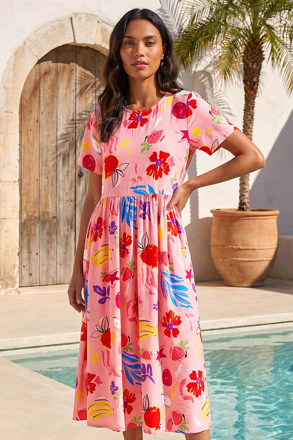Roman Fruit Print Pocket Midi Dress