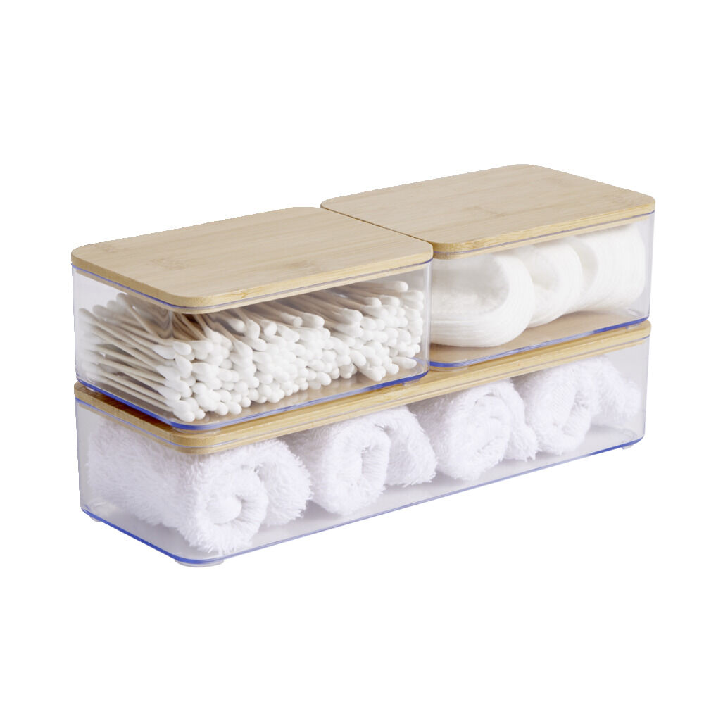 BoÎte de rangement x3 plastique transparent couvercle bambou