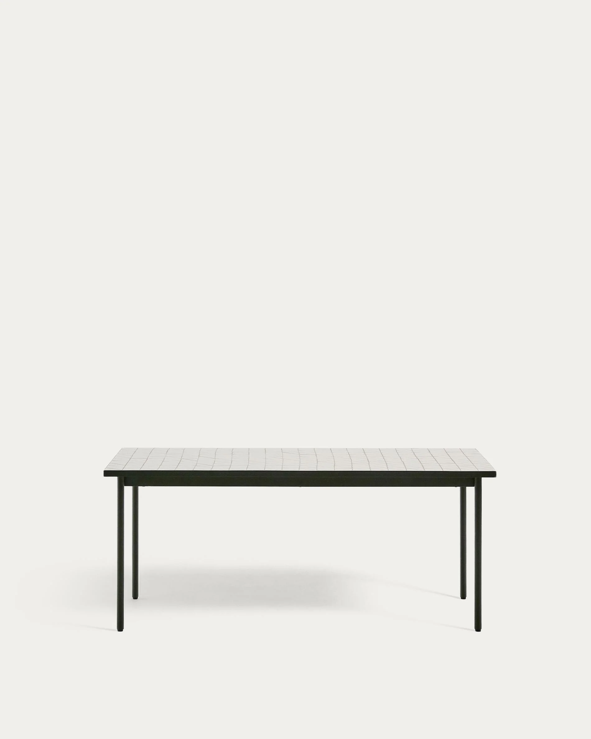 Maurina outdoor table in green galvanised steel with ecru-colored tiles 182 x 91cm