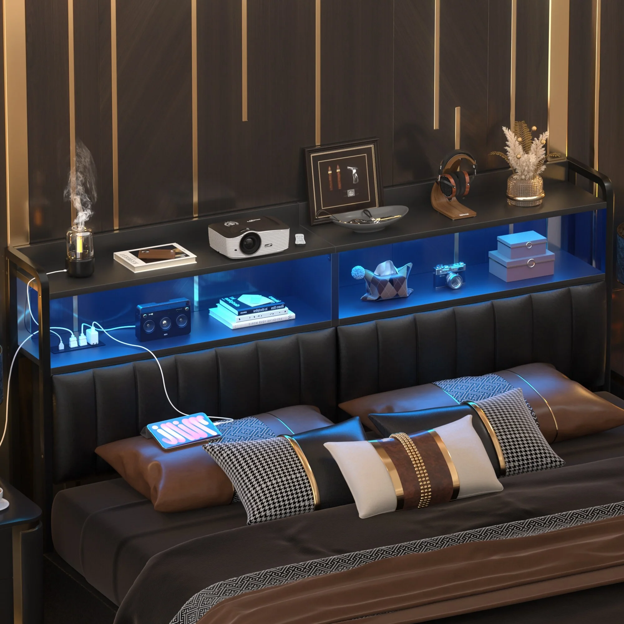 Upholstered Headboards with Charge Station and LED Light, Height Adjustable Head Board with Storage