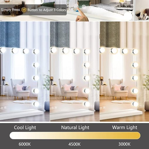 LED Vanity Mirror with Lights, USB Touch Control, 15 Dimmable Bulbs, 3 Color Modes, 10x Magnifying Mirror (White)