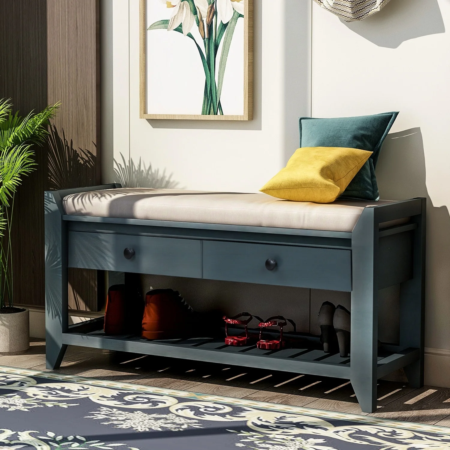 GDFStudio - Shoe Rack with Cushioned Seat and Drawers, Multipurpose Entryway Storage Bench - Storage Bench