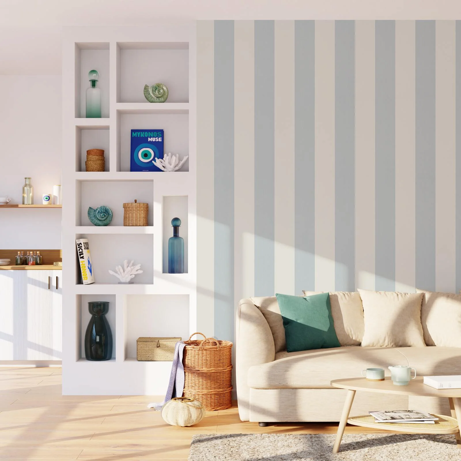 4MURS Papier peint vinyle PODIUM STRIPE bleu grisé et blanc