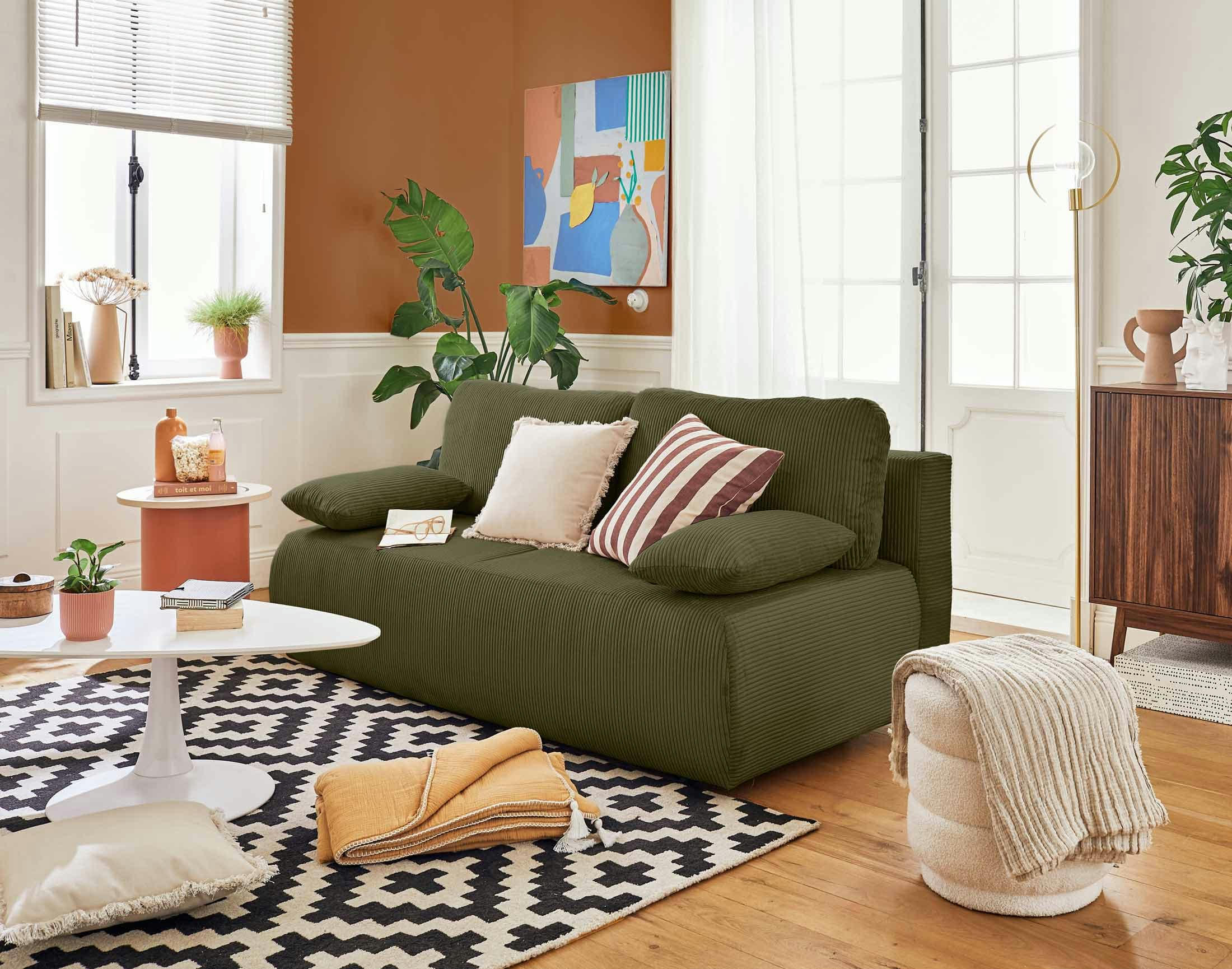 LOUTRO - Canapé droit convertible 3 places en velours côtelé vert