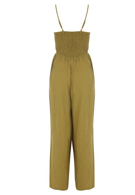 Womens Green Textured Strappy Jumpsuit