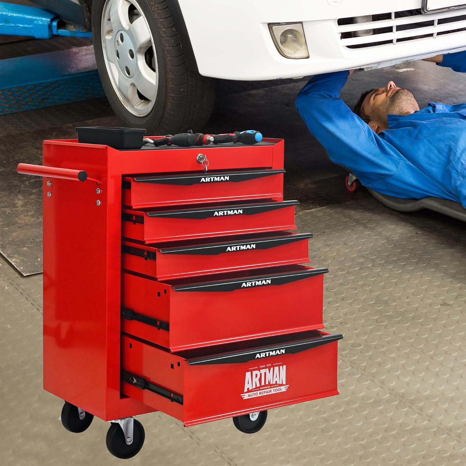 5 Drawers Tool Cart on Wheels, Multifunctional Rolling Tool Chest, Drawers Mobile Trolley Organizer Heavy Duty Tools Box with Locking Wheels & Ball Bearing Drawers (Red, 5 Drawers)