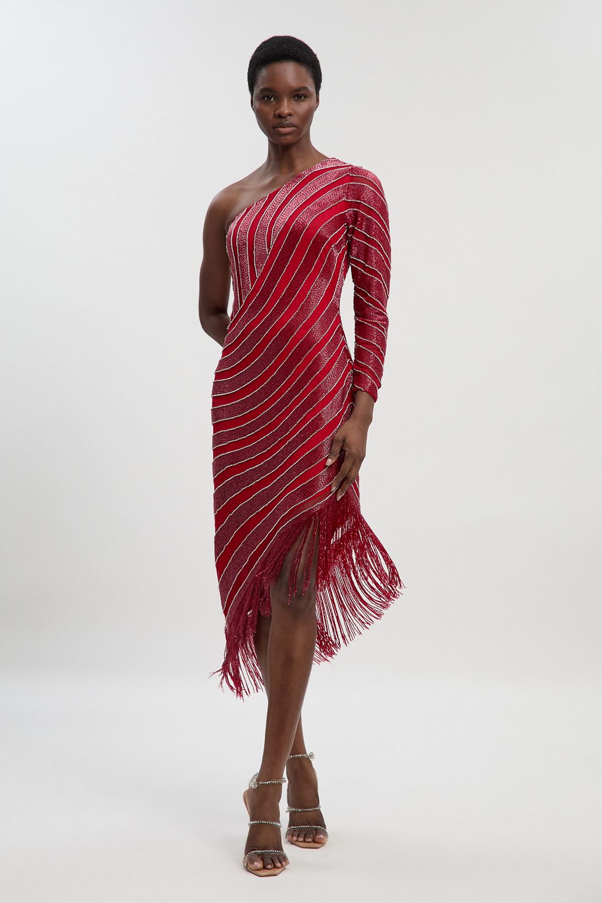 KarenMillen Petite Thigh high Split Embellished Woven Fringed Midi Dress