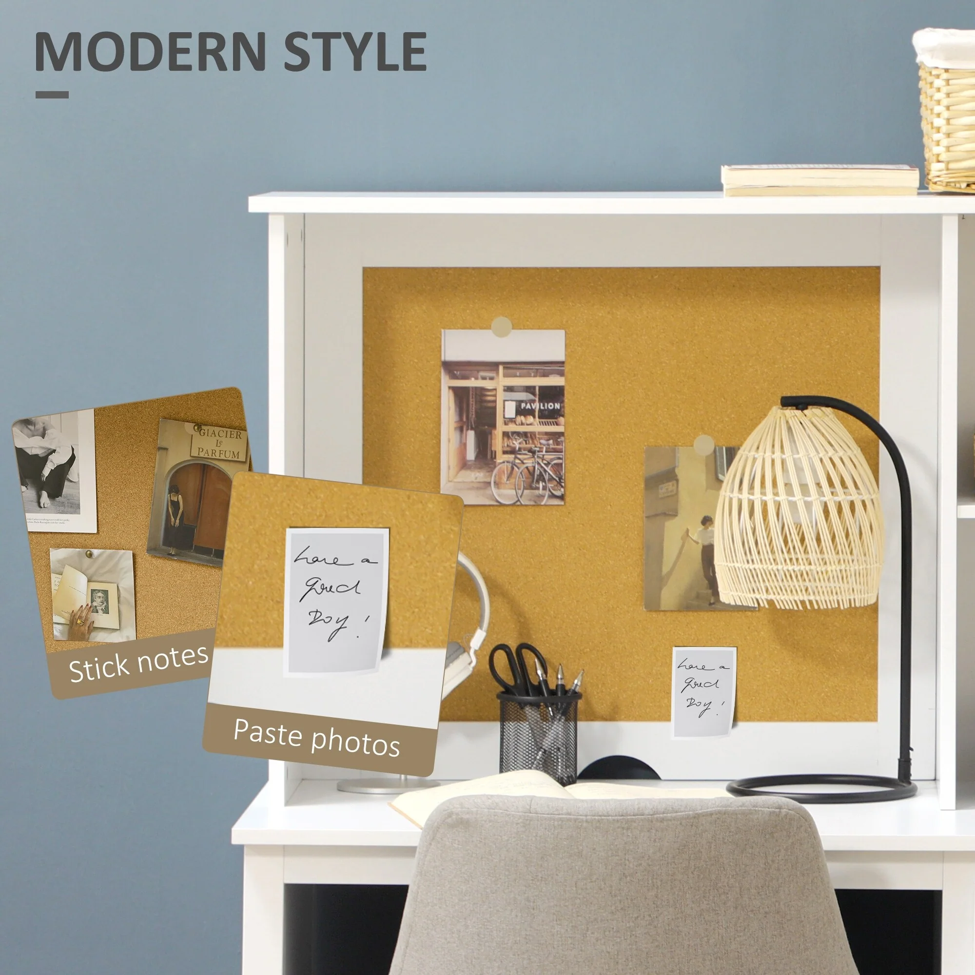 Computer Desk with Drawers & Shelves, Home Office Desk with Storage & Corkboard