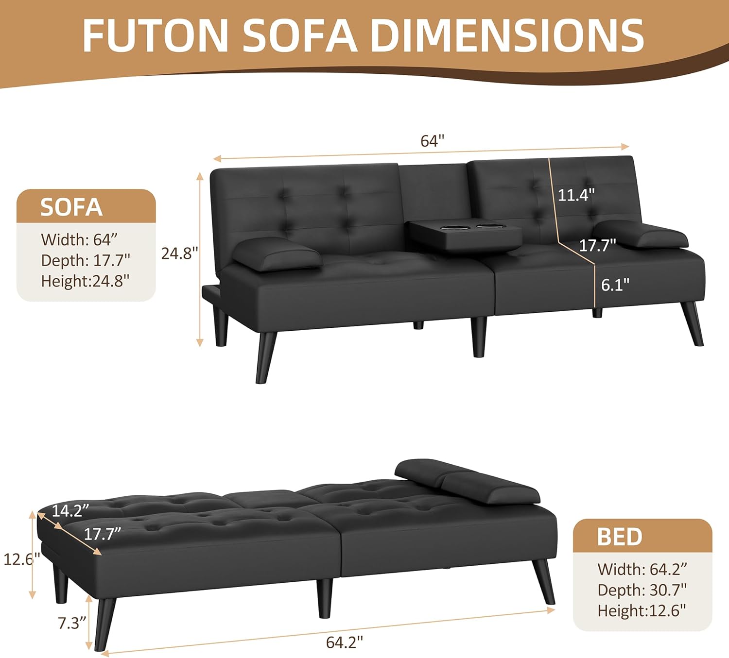 Shintenchi Futon Sofa Bed, Leather Foldable Couch, Reclining Sleeper with Removable Armrests, Upholstered Loveseat Sofa Couch with Folding Cup Holders for Home, Office(Black)