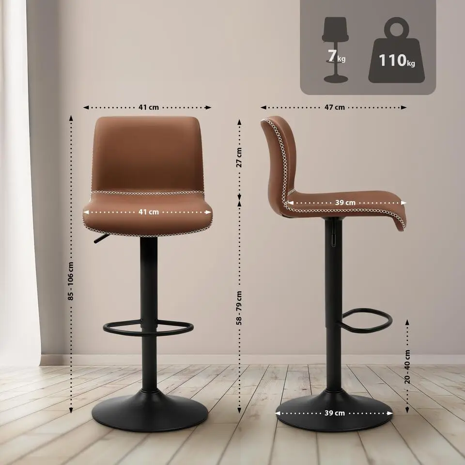 CLP Barkruk Henchy mat zwart Frame - Kunstleer - bruin