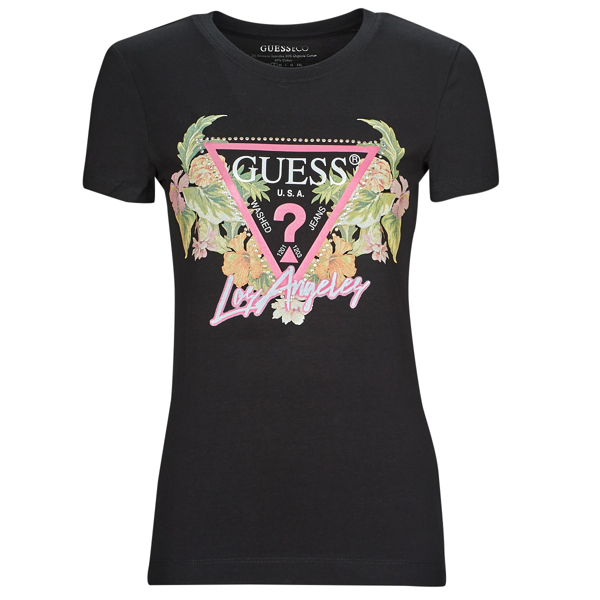 Guess - SS CN TRIANGLE FLOWERS TEE - Black