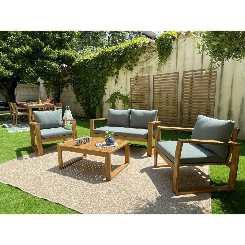 OLBIA - Salon de jardin en bois d'acacia coussins verts