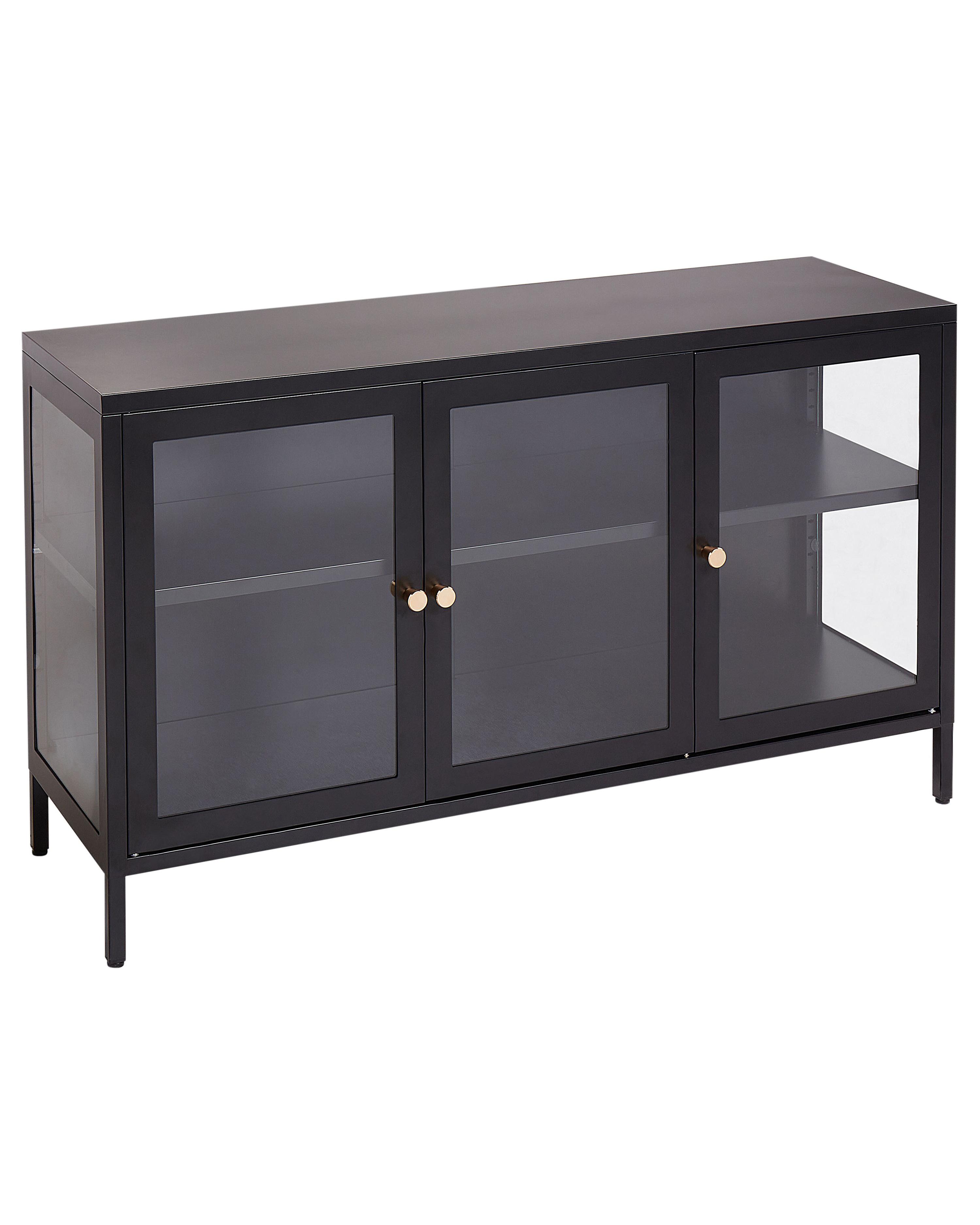 Glass Display Sideboard with LED NEWPORT Metal 115 cm Black