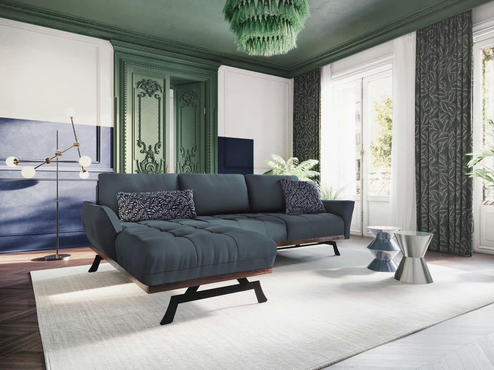 OLIVIER - Canapé d'angle 4 places en tissu structuré bleu