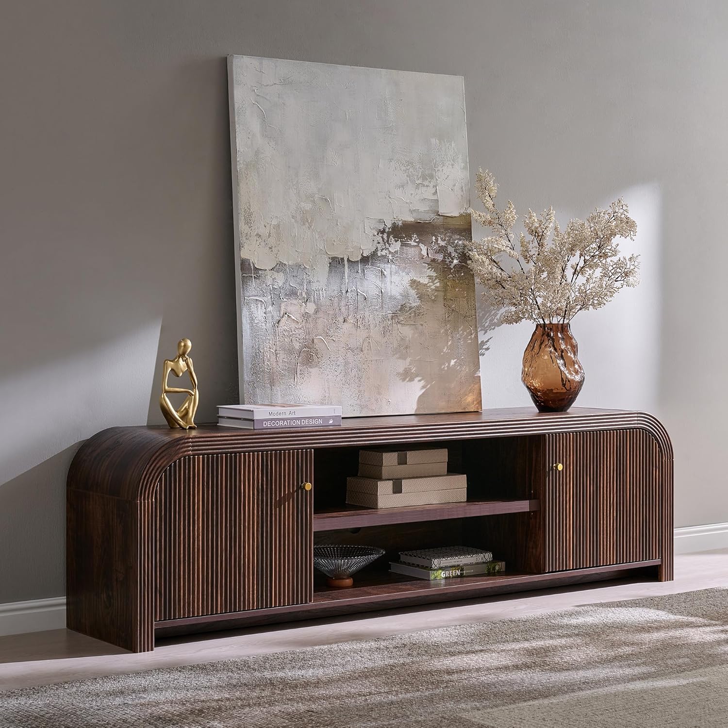 T4TREAM 70 Modern Fluted TV Stand, Long TV Table Entertainment Center with Storage, Media Console for Living Room with Door and Adjustable Shelves (Dark Walnut)