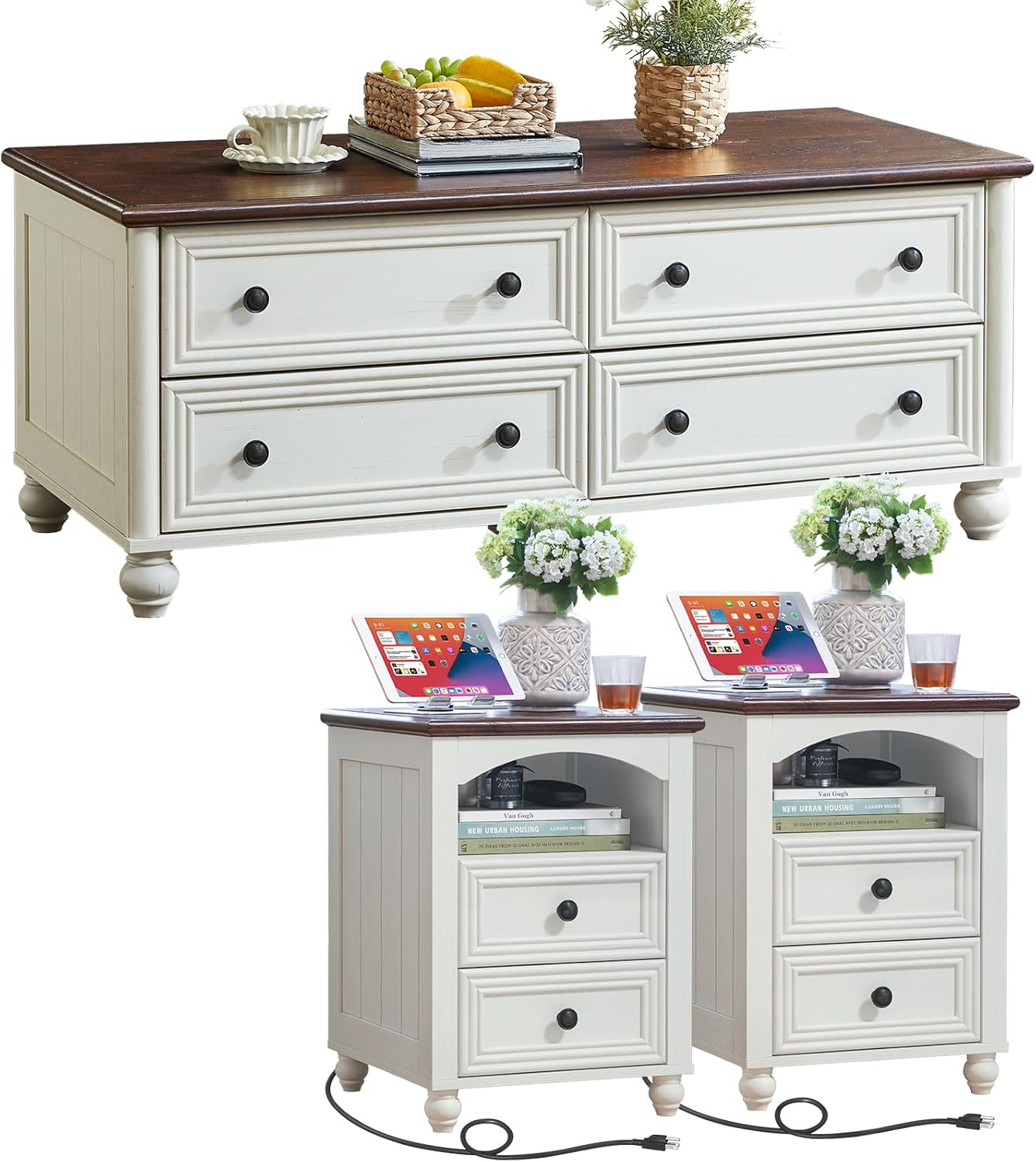 Farmhouse Coffee Table and Night Stand Set of 3,Wood 48 Center Table and 18'' Wide Nightstand with Charging Station,Coffee and End Tables 3-Piece Set for Home Living Room Hallway,White