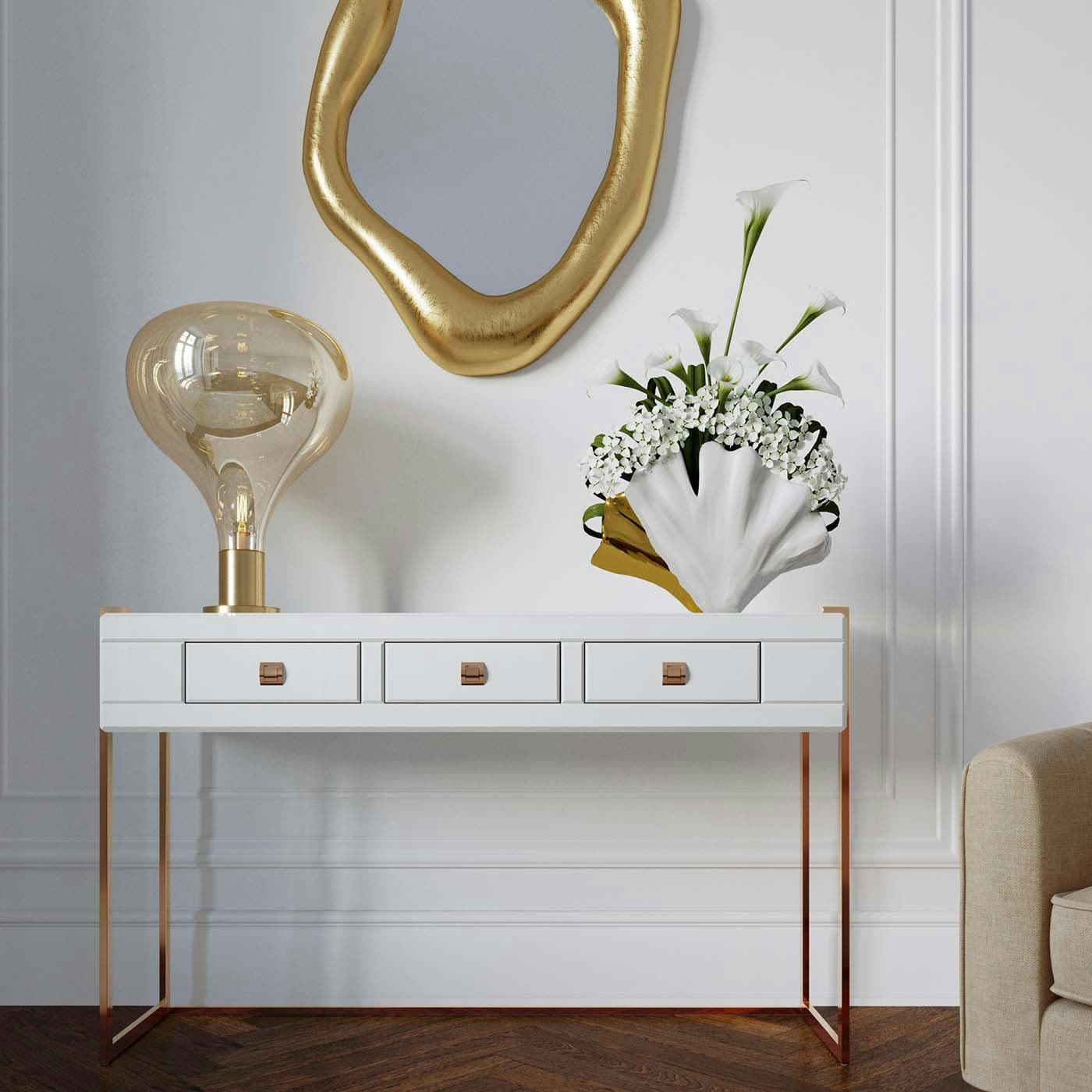 ELITE - Console blanche 3 tiroirs en verre et acier or rose