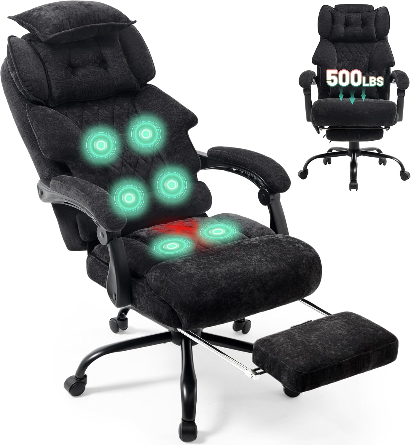 Massage Office Chair with Foot Rest,6 Points Vibration & Heat Executive Office Chairs for Heavy People,500LBS Big and Tall Office Chair,Ergonomic Reclining Desk Chair,Dual-Use Pillow,BlackCloth