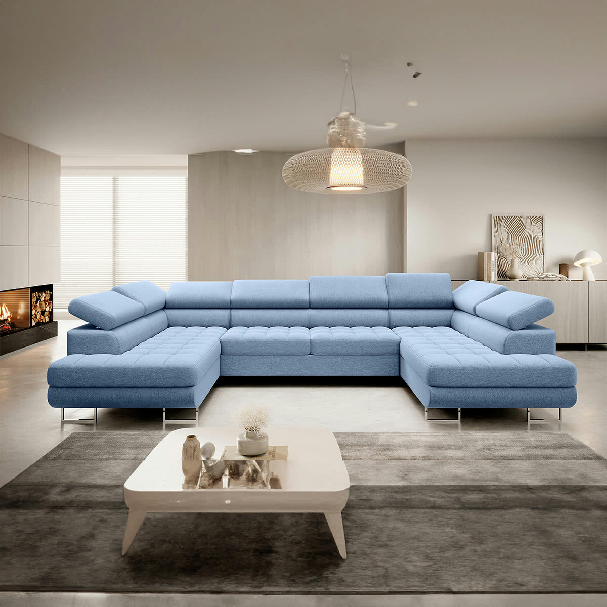 - Canapé en u 5 places convertible bleu