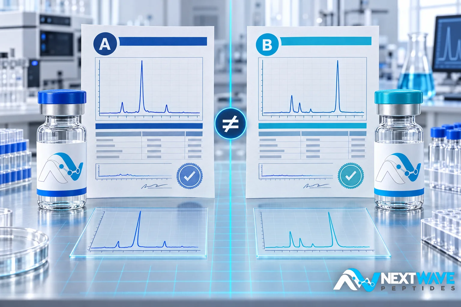 Two peptide COAs compared across lot numbers, analytical methods, chromatograms, and reported results.