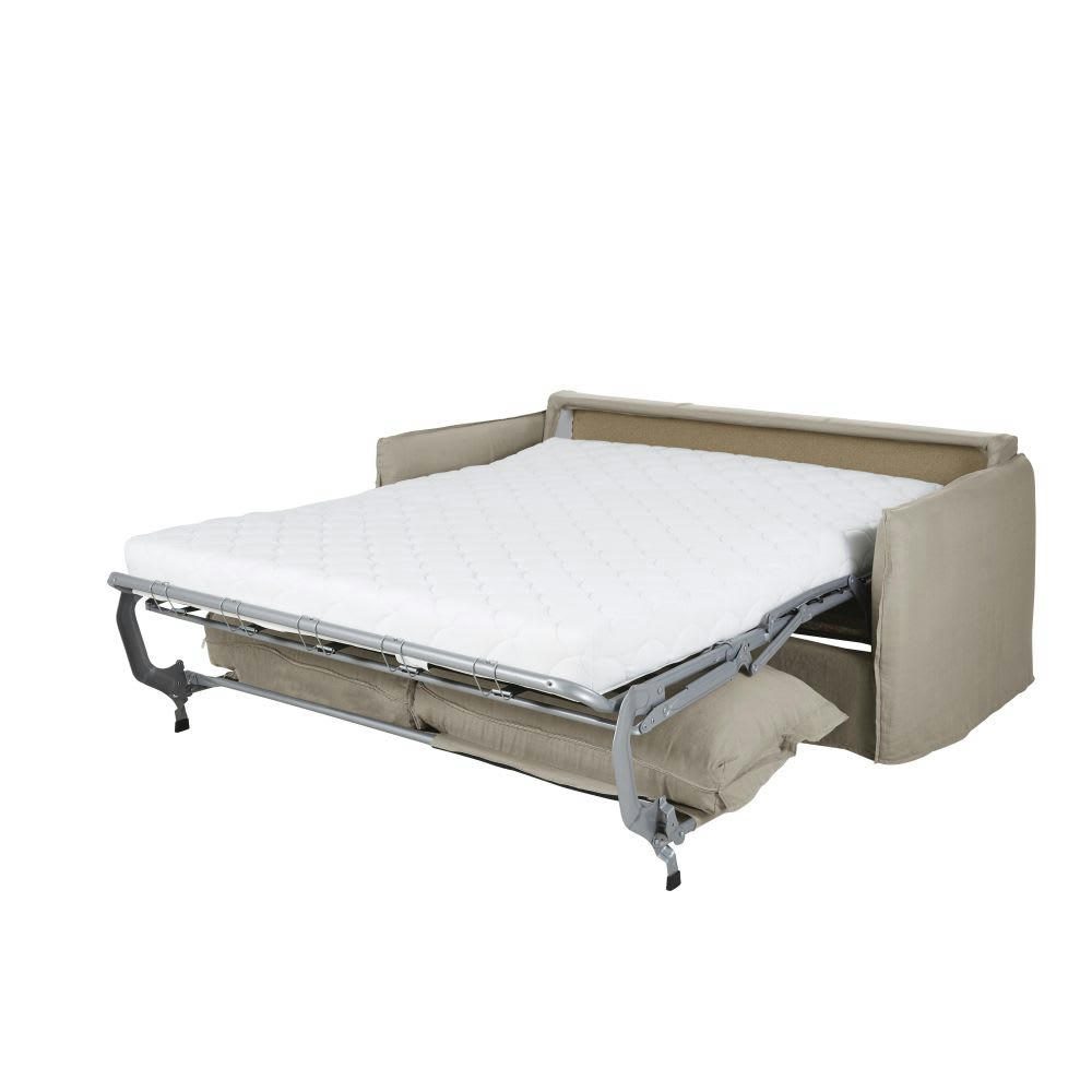 Barcelone - Canapé convertible 3 places en lin beige ficelle, matelas 14 cm