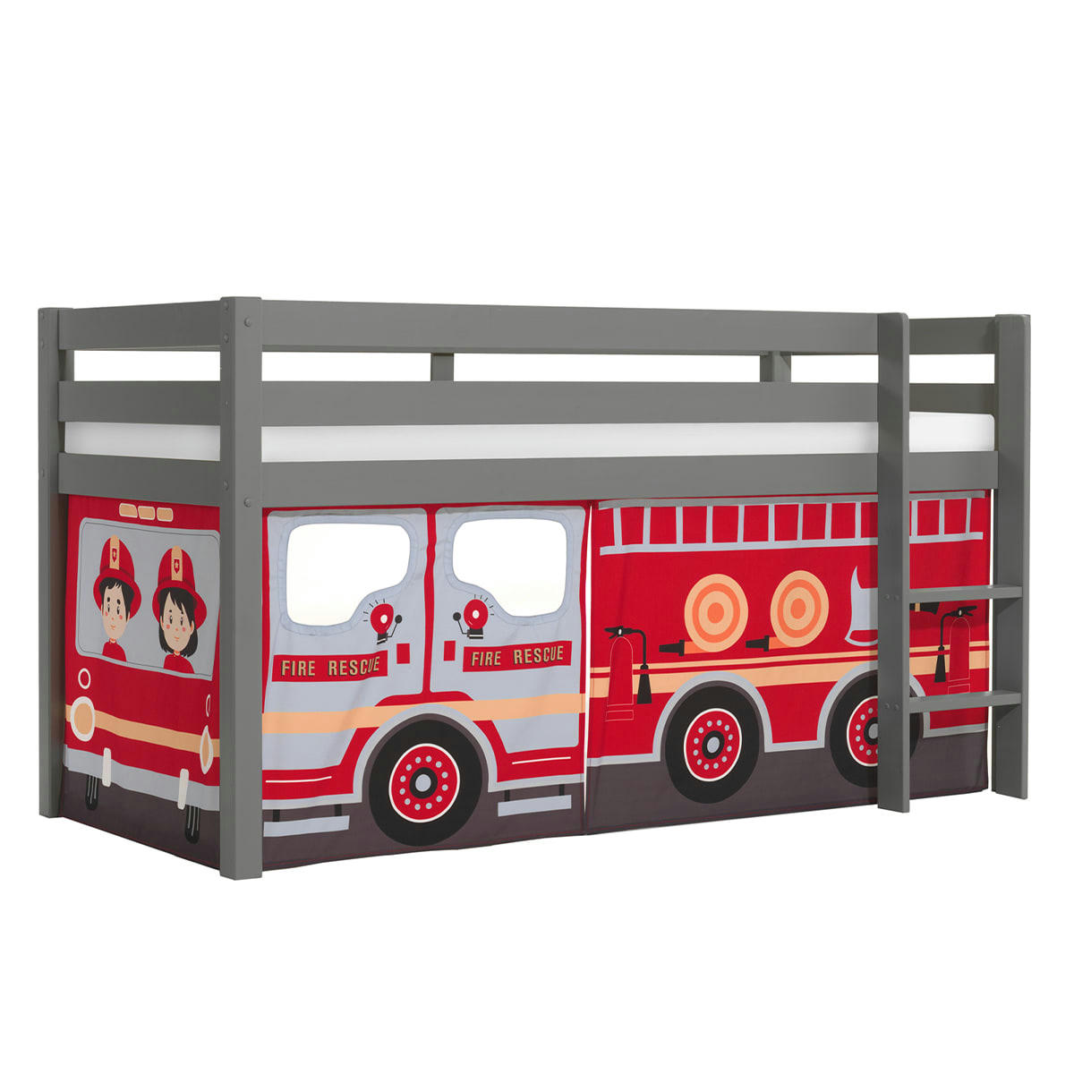 PINO - Lit mi-hauteur 90x200 sommier inclus housse pompier gris
